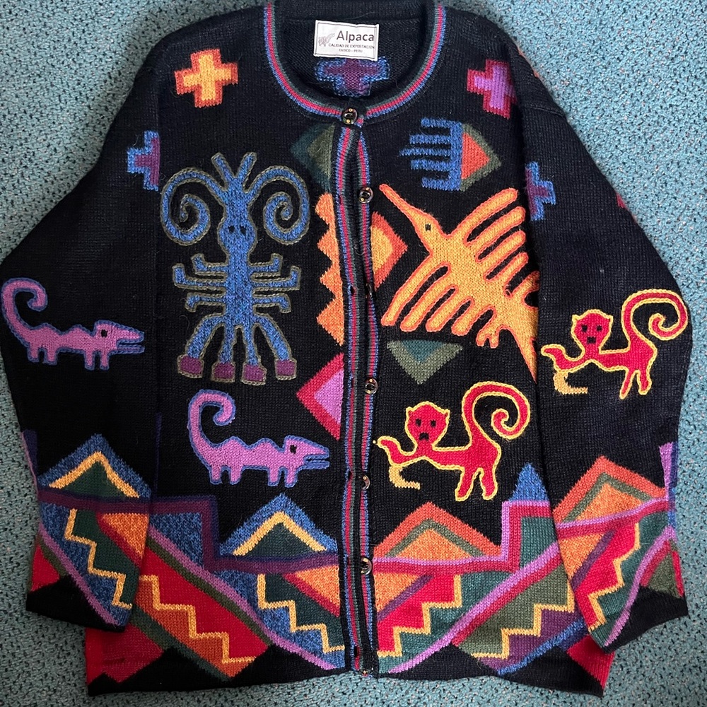 Peruvian Baby Alpaca cardigan sweater OOAK colorful primitive native animal